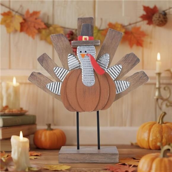 Thanksgiving Turkey Decoration, Wooden Indoor Standing Tabletop Turkey Decor - Picture 6 of 8
